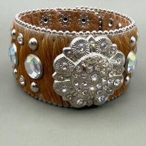 Cowhide Hair Cuff Bracelet Crystal Rhinestone Studded Western Boho Brown Silver